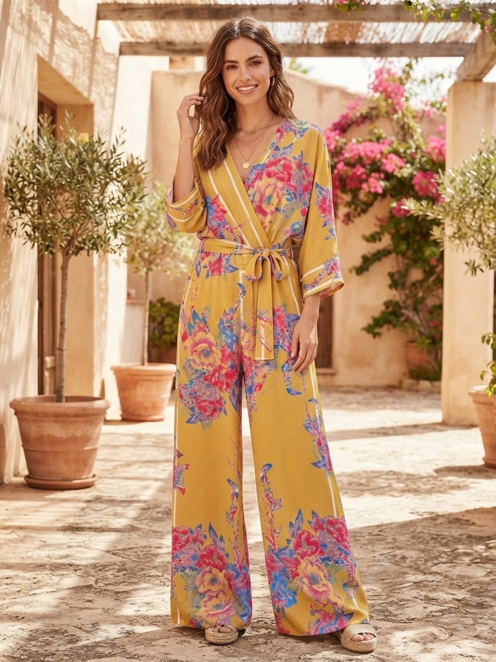Flying Tomato Gold Floral Wrap Jumpsuit Size M Romper